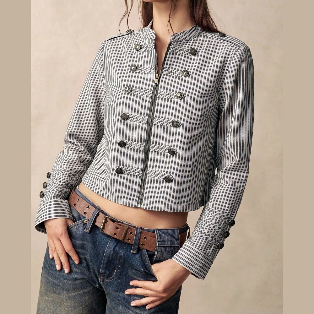 White / Navy Blue Striped Military Band Jacket w/ Stand Collar & Zip Front